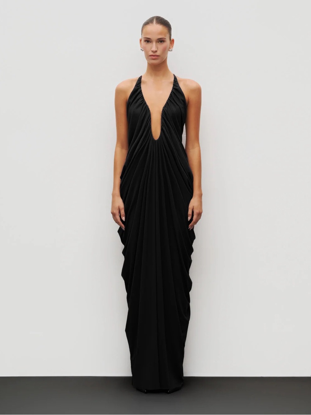 Black Plunge Halter Maxi Dress with Draped Pleats
